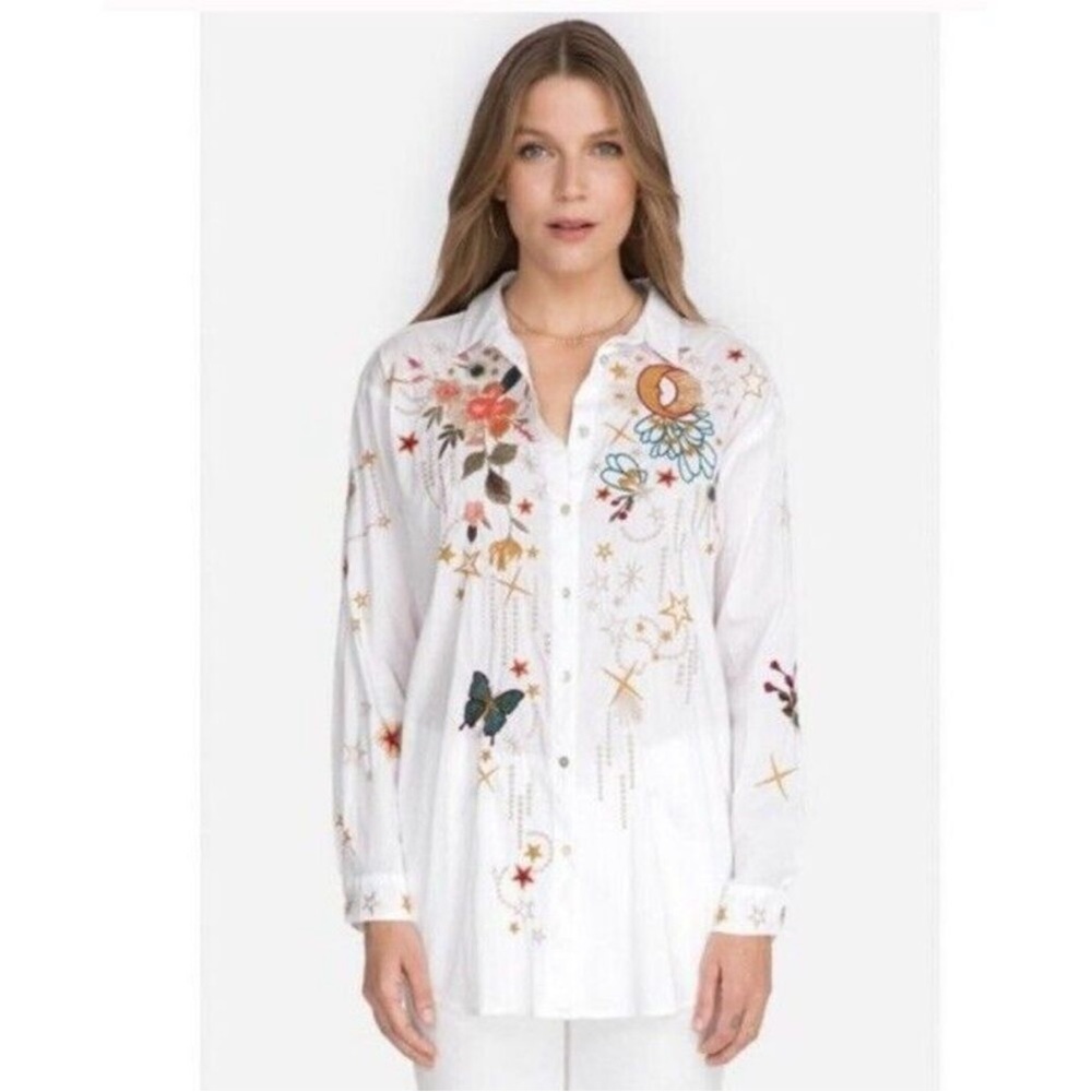 NWOT Johnny Was Europa Oversized Boho Embroidered Button Down Shirt Size M